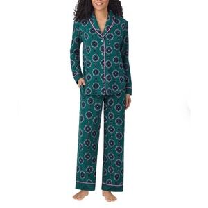 Room Service Womens Soft Pajama Set Green Pink Geometric Print Button Down Sz S